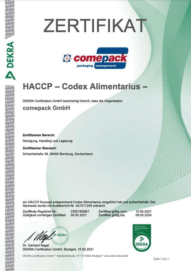 System zarządzania pojemnikami firmy comepack jest w stanie sprostać wymagającym potrzebom przemysłu spożywczego – potwierdza to certyfikat HACCP